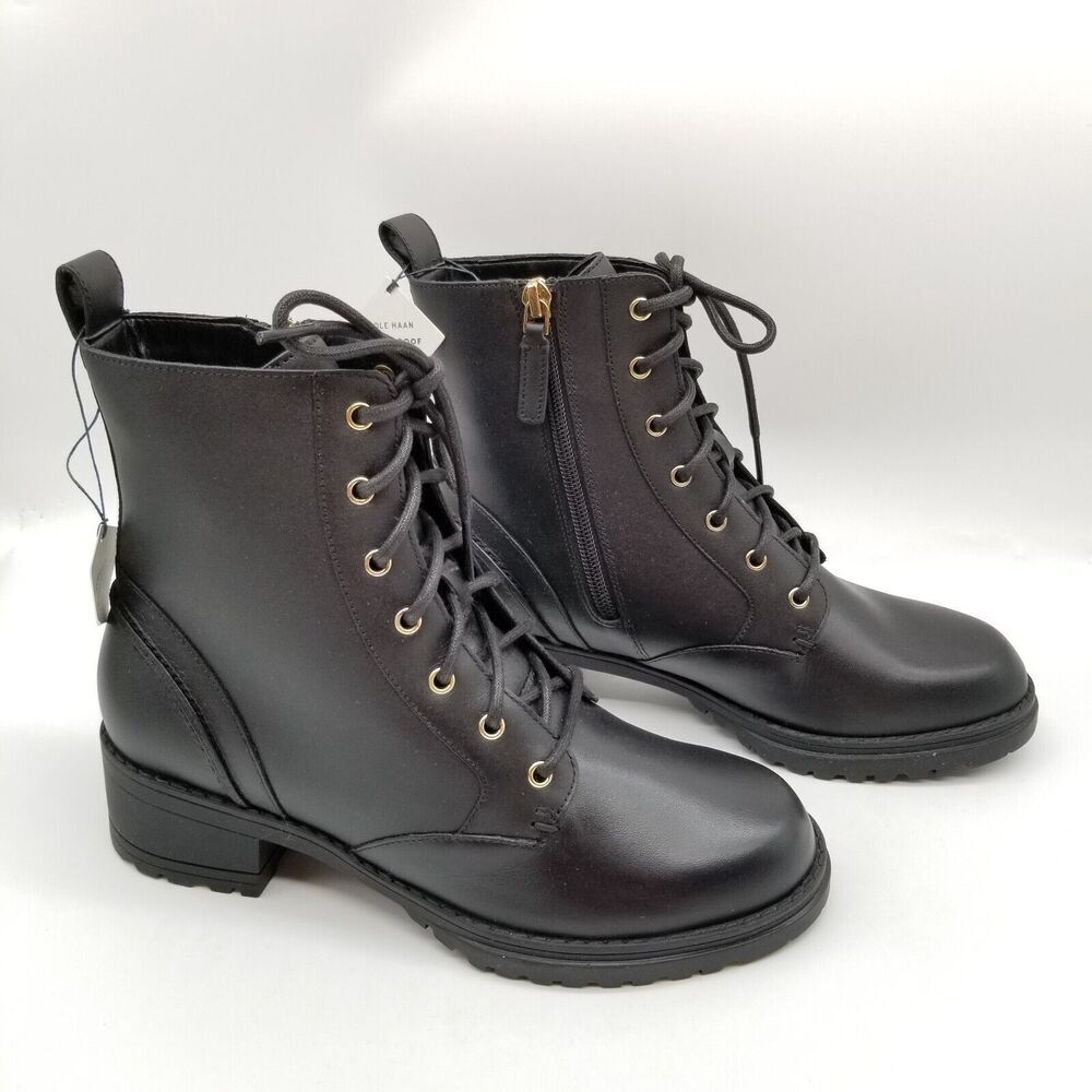 Cole Haan Women Camea Combat Boots Sz 6 B Black Leather Lace Up Ankle Side Zip - Picture 3 of 7